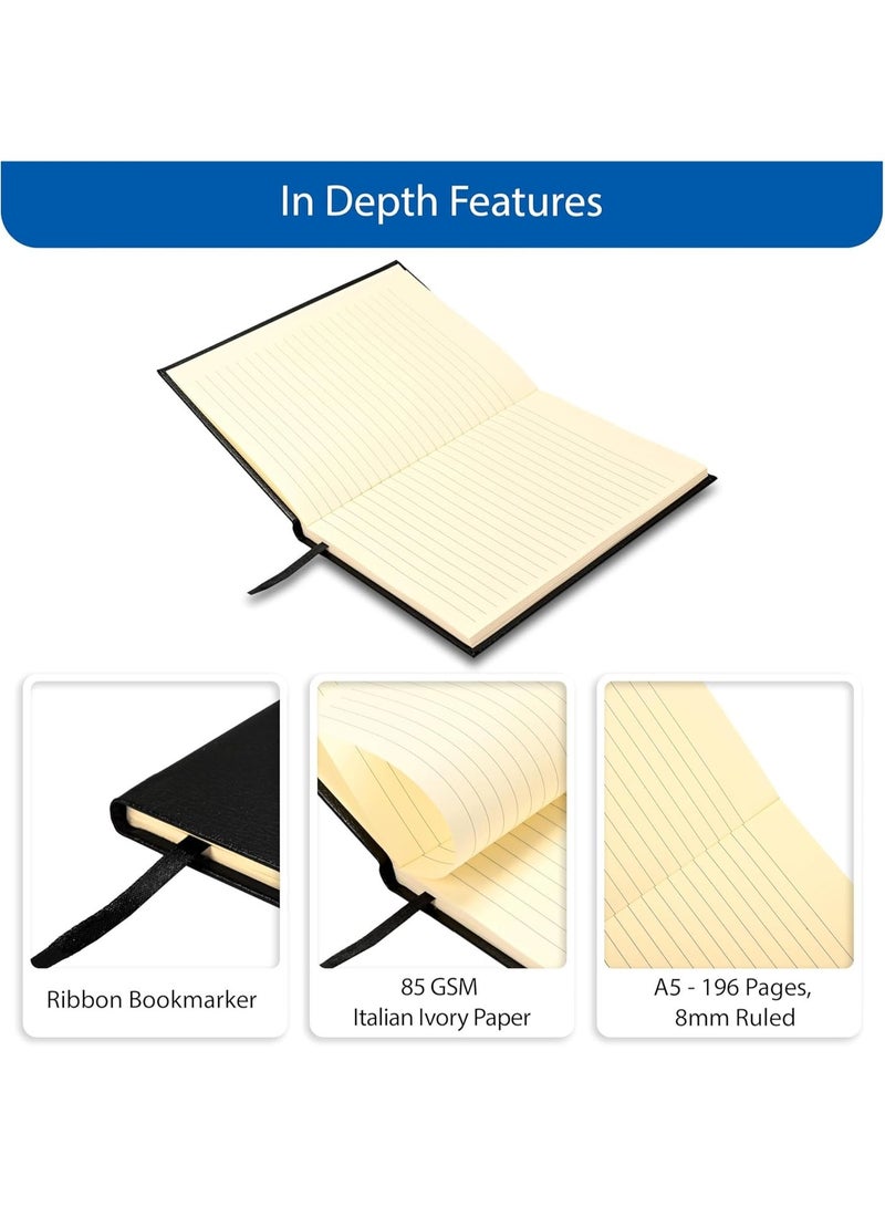 FIS Hard Cover Notebook A5 (148x210mm), Bonded Leather, 60 Sheets/120 Pages, Single Line, 85gsm Italian Ivory Paper, Glued Binding, Black Cover - FSNBA5IVBLBK - Image 4